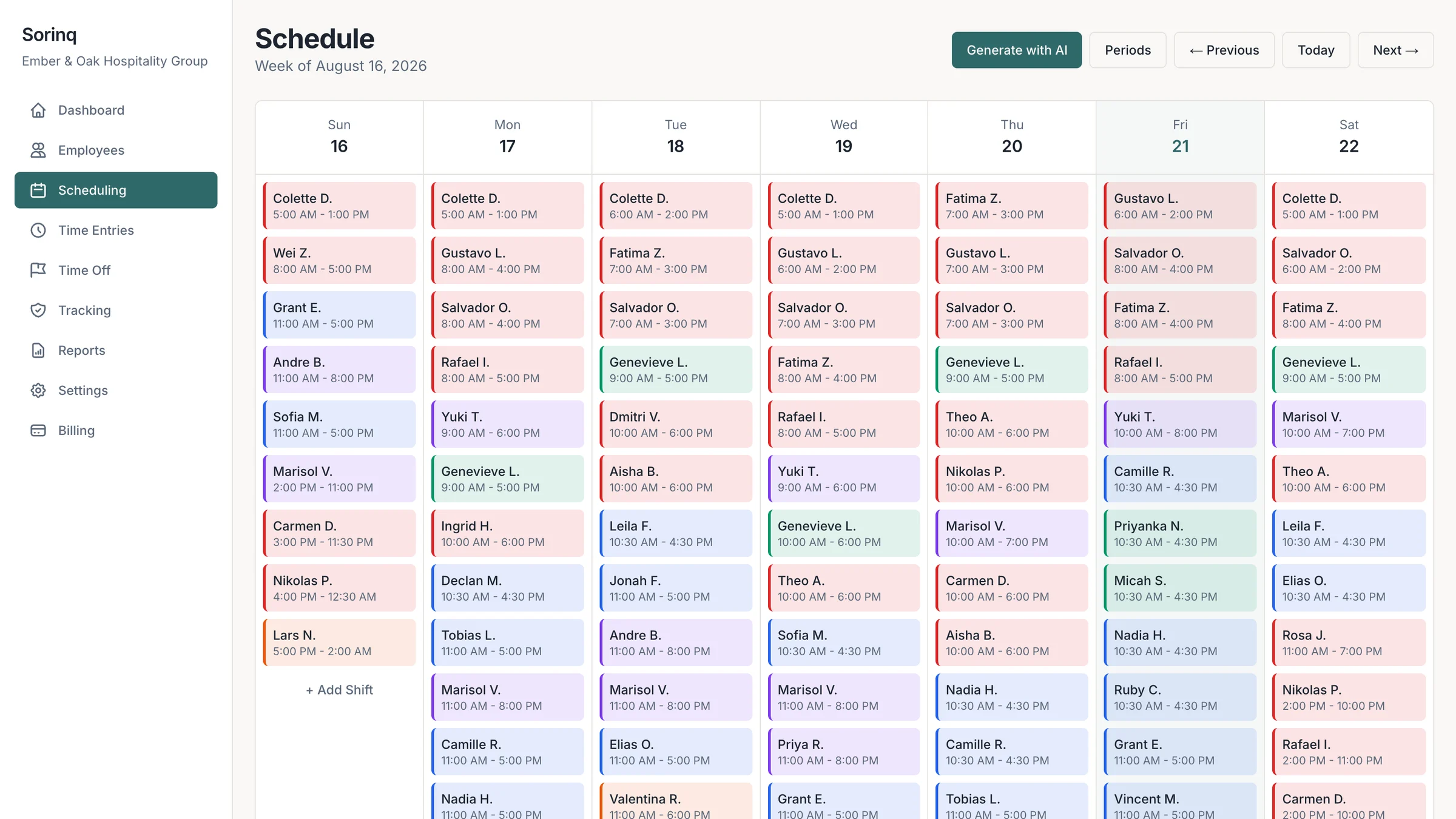 Sorinq weekly schedule grid showing colour-coded shifts across seven days